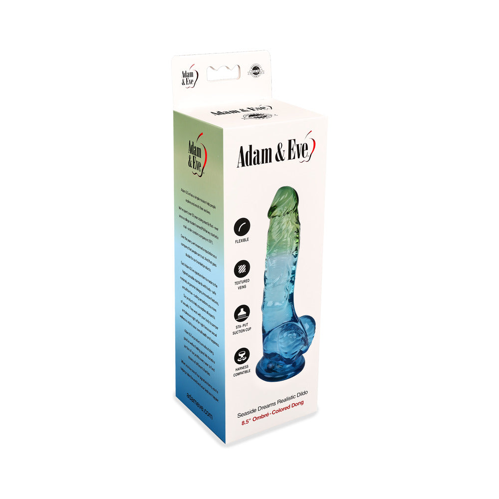 Adam and Eve Seaside Dreams Realistic Dildo 8.5 inches packaging showcasing ocean-inspired design.