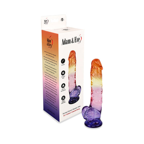 Adam and Eve Sunrise Dreams Realistic Dildo 9.5 inches in colorful packaging, showcasing its vibrant ombre design.