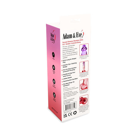 Product packaging for Adam and Eve Sunset Dreams Realistic Dildo 9.5 inches with features and instructions.