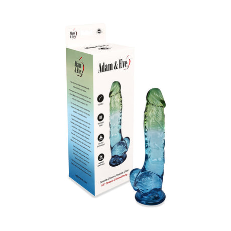 Adam and Eve Seaside Dreams Realistic Dildo 9.5 inches in colorful packaging and ocean-inspired design.