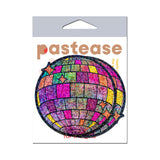 Pastease Disco Ball Nipple Covers Shimmering Glitter Pasties packaging featuring a vibrant, glittering disco ball design.