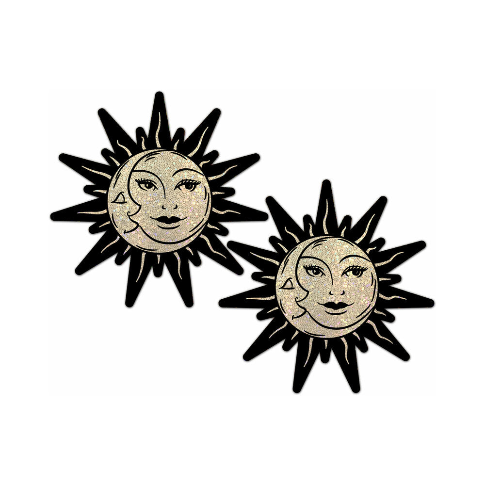 Pastease Sunburst Sun & Moon Gold Glitter Nipple Pasties featuring gold glitter sun and moon faces.
