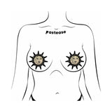 Pastease Sunburst Sun & Moon Gold Glitter Nipple Pasties on a figure, showcasing playful sun and moon designs.
