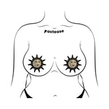 Pastease Sunburst Sun & Moon Gold Glitter Nipple Pasties featuring gold glitter sun and moon designs.