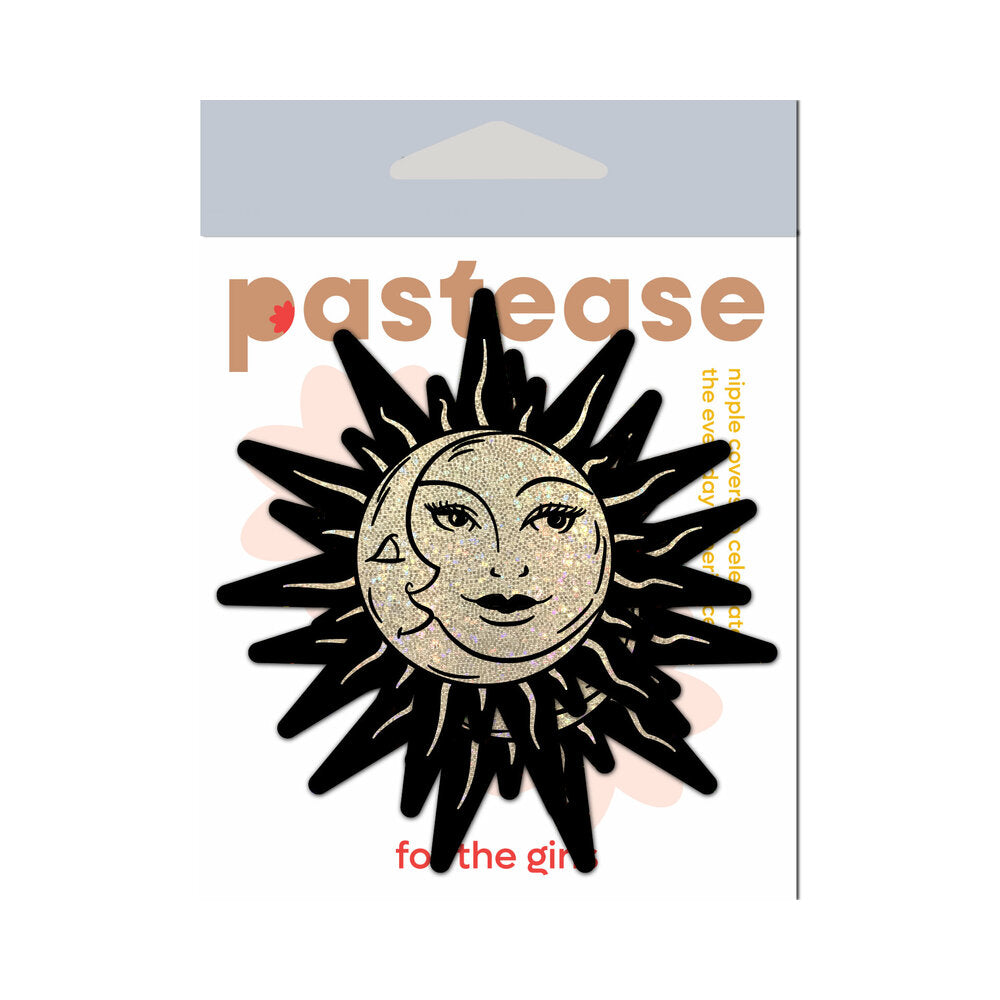 Pastease Sunburst Sun & Moon Gold Glitter Nipple Pasties with radiant sun design on packaging.