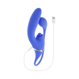 Evolved All In Rechargeable Dual Vibrating Tapping Vibe Blue on white background with charging cable.