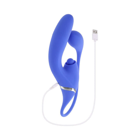 Evolved All In Rechargeable Dual Vibrating Tapping Vibe Blue on white background with charging cable.