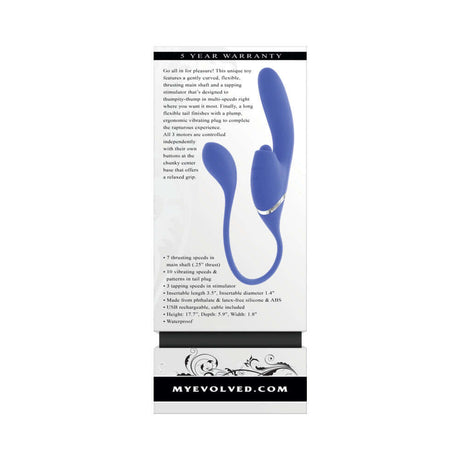Evolved All In Rechargeable Dual Vibrating Tapping Vibe Blue packaging showing features and warranty details.