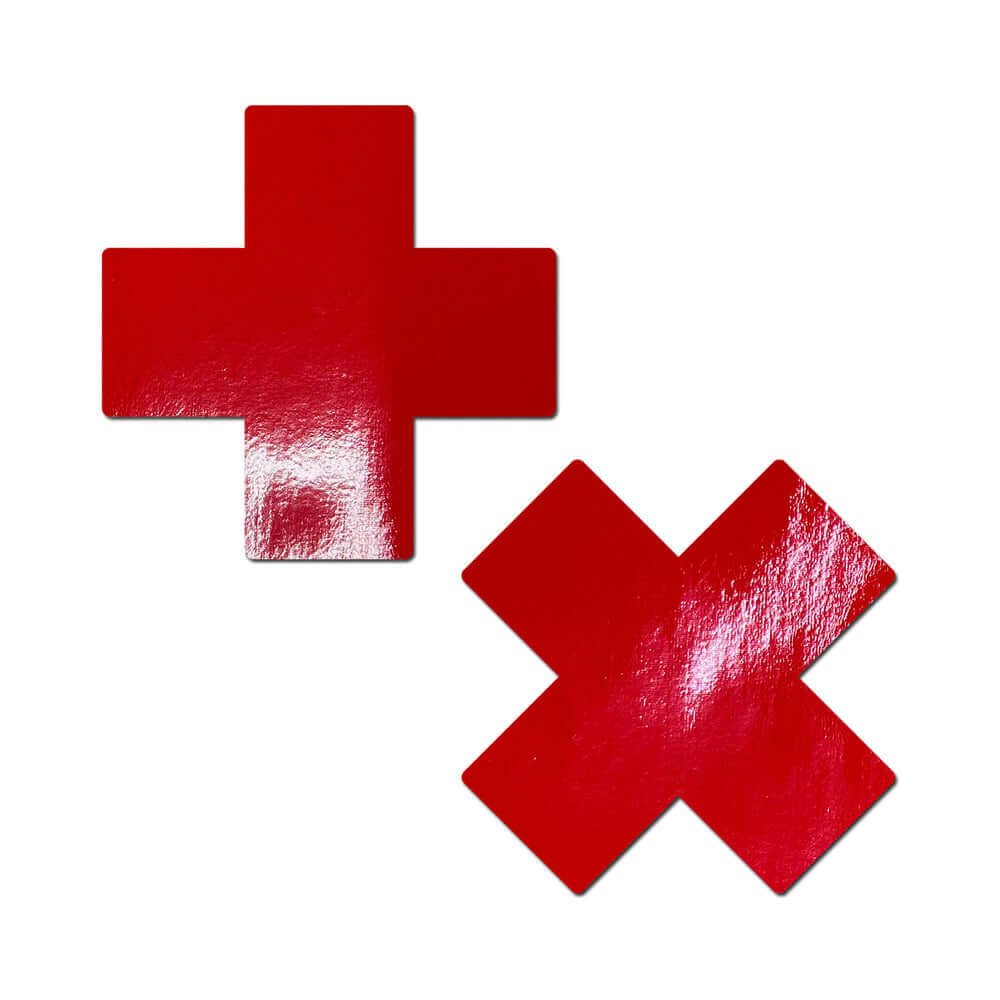 Pastease Plus X Faux Latex Pleather Vinyl Red Cross Pasties in bold red color.