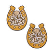 Pastease Giddy Up Sparkling Horseshoe Golden Nipple Covers in gold with rope lettering design.