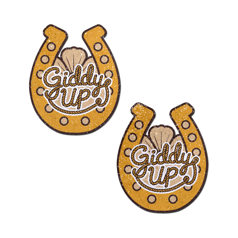 Pastease Giddy Up Sparkling Horseshoe Golden Nipple Covers in gold with rope lettering design.