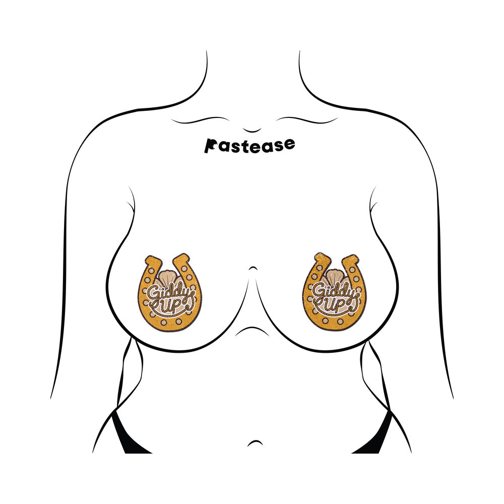 Image of Pastease Giddy Up Sparkling Horseshoe Golden Nipple Covers with rope-style lettering in a playful design.