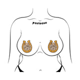 Image of Pastease Giddy Up Sparkling Horseshoe Golden Nipple Covers with rope-style lettering in a playful design.
