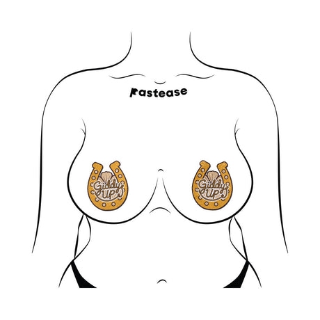Image of Pastease Giddy Up Sparkling Horseshoe Golden Nipple Covers with rope-style lettering in a playful design.