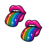 Pastease Taste the Rainbow Sparkling Tongue Out Breast Covers featuring a rainbow tongue design.