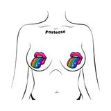 Pastease Taste the Rainbow Sparkling Tongue Out Breast Covers with colorful rainbow and tongue design.