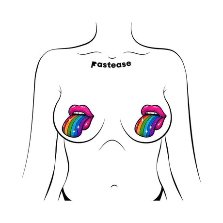 Pastease Taste the Rainbow Sparkling Tongue Out Breast Covers with colorful rainbow and tongue design.