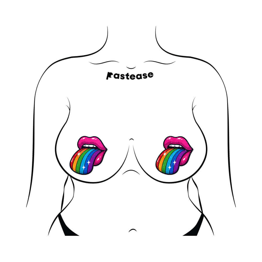 Pastease Taste the Rainbow Sparkling Tongue Out Breast Covers with rainbow tongue design on bare chest.