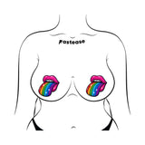 Pastease Taste the Rainbow Sparkling Tongue Out Breast Covers with rainbow tongue design on bare chest.