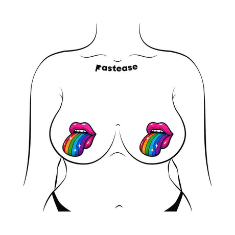 Pastease Taste the Rainbow Sparkling Tongue Out Breast Covers with rainbow tongue design on bare chest.