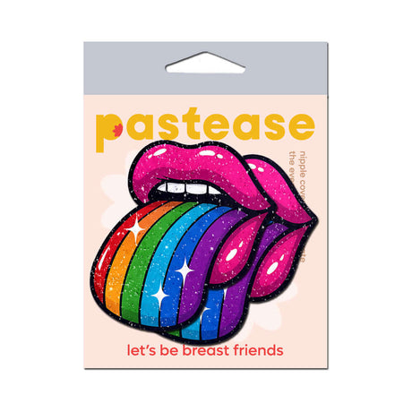 Pastease Taste the Rainbow Sparkling Tongue Out Breast Covers packaging featuring vibrant rainbow tongue design.