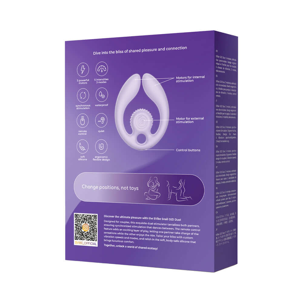 SVibe Snail GIZI Duo Couples Stimulator Lilac packaging showcasing features and instructions for use.