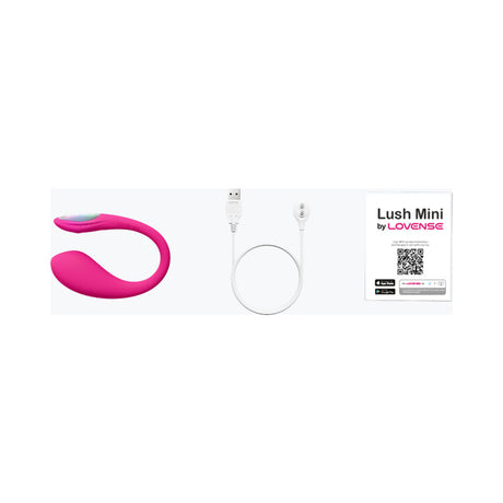 Lovense Lush Mini G-spot Egg Vibrator in pink with USB charging cable and packaging.
