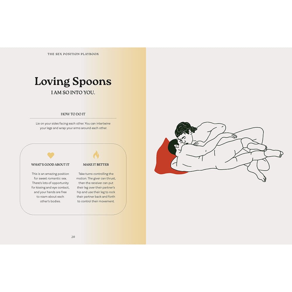 The Sex Position Playbook 69 Positions Hardcover Book illustrated page showing Loving Spoons position instructions.