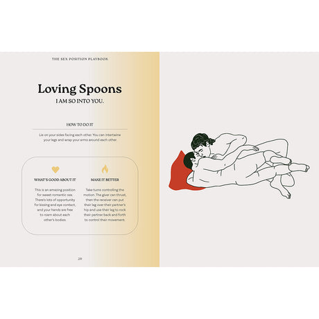 The Sex Position Playbook 69 Positions Hardcover Book illustrated page showing Loving Spoons position instructions.