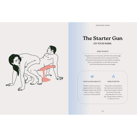 The Sex Position Playbook 69 Positions Hardcover Book illustration of the Starter Gun position with instructions.