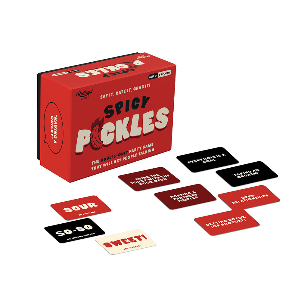 Spicy Pickles The adults only party game that will get people talking box and game cards in a fun arrangement.