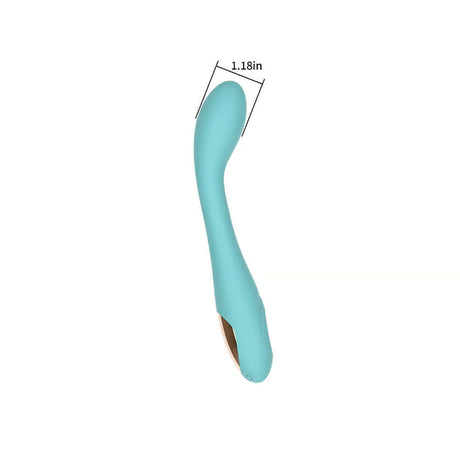 Spectrum Essentials Silicone G-spot Vibrator Blue showing dimensions and curved design.