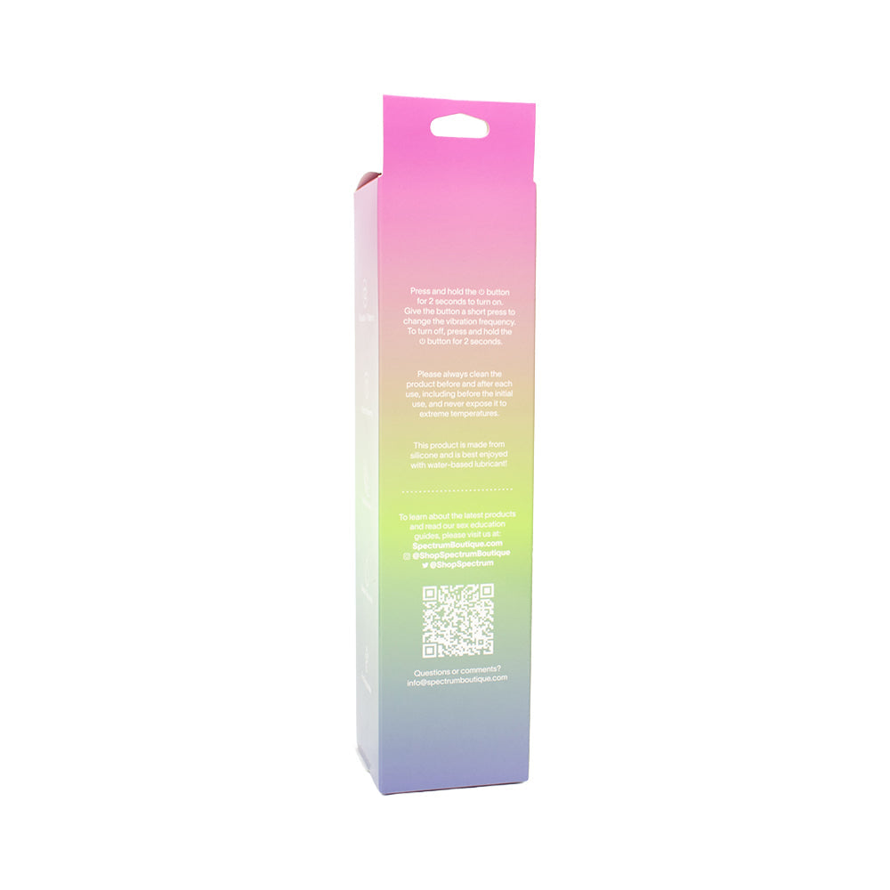 Product packaging for Spectrum Essentials Silicone G-spot Vibrator Blue, featuring a gradient design and product information.
