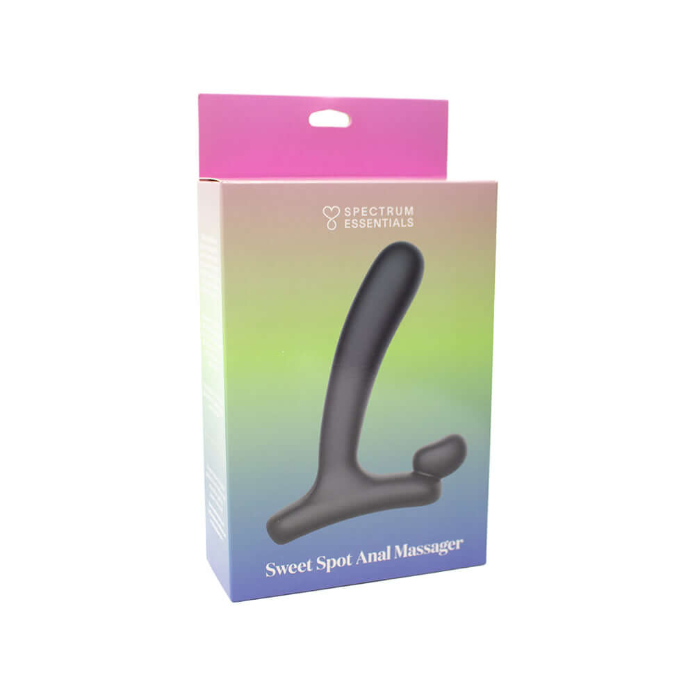 Spectrum Essentials Sweet Spot Silicone Slim Anal Vibe packaging showcasing the device's design and features.