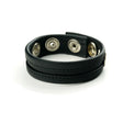 Prowler RED Cock Strap Black shown in a sleek black leather design, featuring metal snaps for secure fastening.