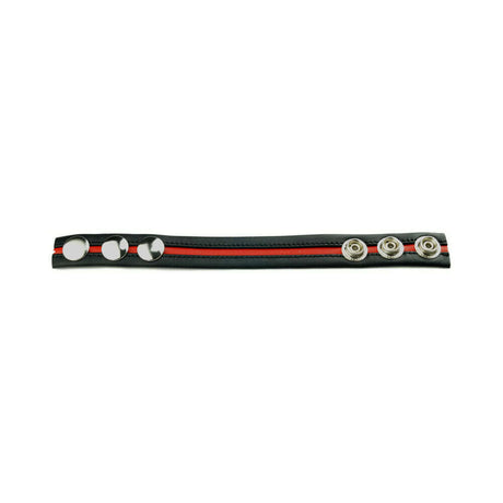 Prowler RED Cock Strap Black Red featuring a sleek black design with vibrant red accents and silver snaps.