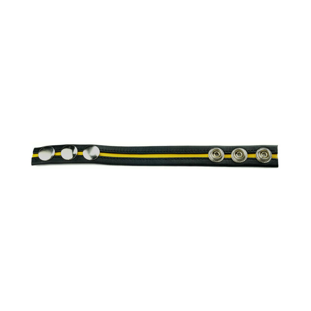Prowler RED Cock Strap Black Yellow featuring sleek black design with vibrant yellow accents and metallic snaps.