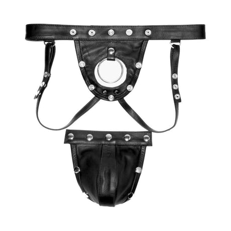 Prowler RED Leather Harness Jock Strap Large featuring black leather construction with studs and a ring detail.