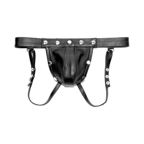Prowler RED Leather Harness Jock Strap Medium in black leather with silver studs.