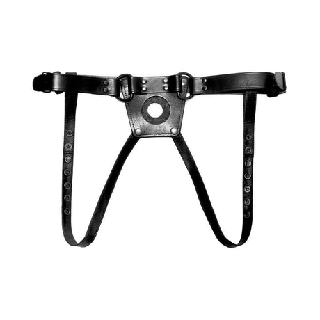 Prowler RED Leather Dong Harness Black XL featuring durable black leather and sturdy metal hardware.