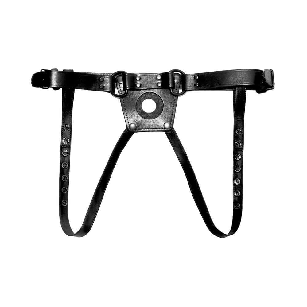 Prowler RED Leather Dong Harness Black 2XL front view showcasing high-quality black leather and sturdy metal hardware.