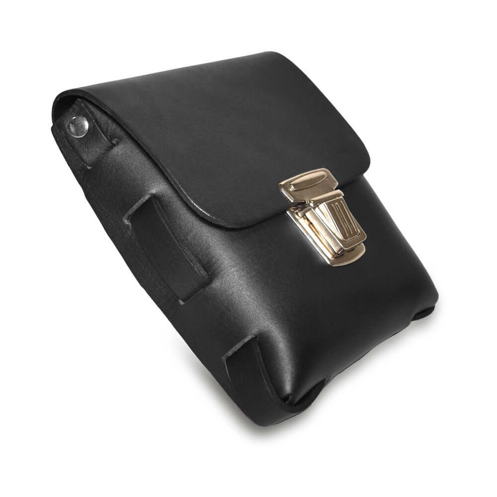 Prowler RED Leather Buckle Pouch Black shown at a slight angle, featuring a gold buckle and sleek black leather design.