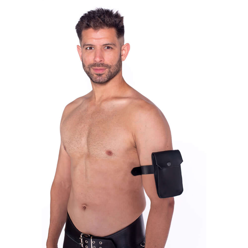 Prowler RED Leather Large Belt Pouch worn on the arm of a model, showcasing practical and stylish design.