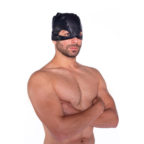 Prowler RED Leather Executioners Hood Black worn by a model, showcasing its sleek and bold design.