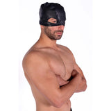 Prowler RED Leather Executioners Hood Black worn by male model showcasing a striking fetish accessory.