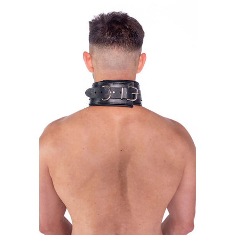 Prowler RED Leather Lockable Collar S M worn from the back highlighting its bold design and premium leather material.