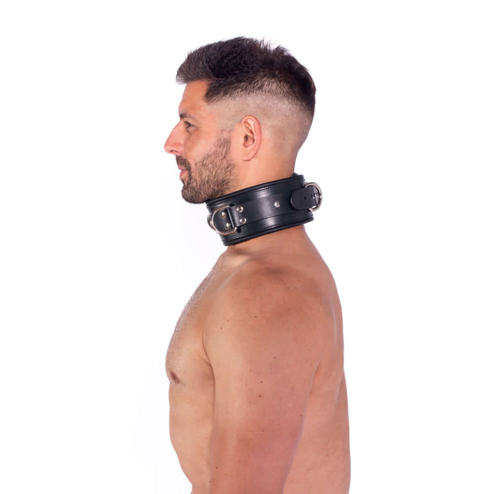 Prowler RED Leather Lockable Collar L XL Black being worn by a man in profile, showcasing its stylish design and sturdy buckle.