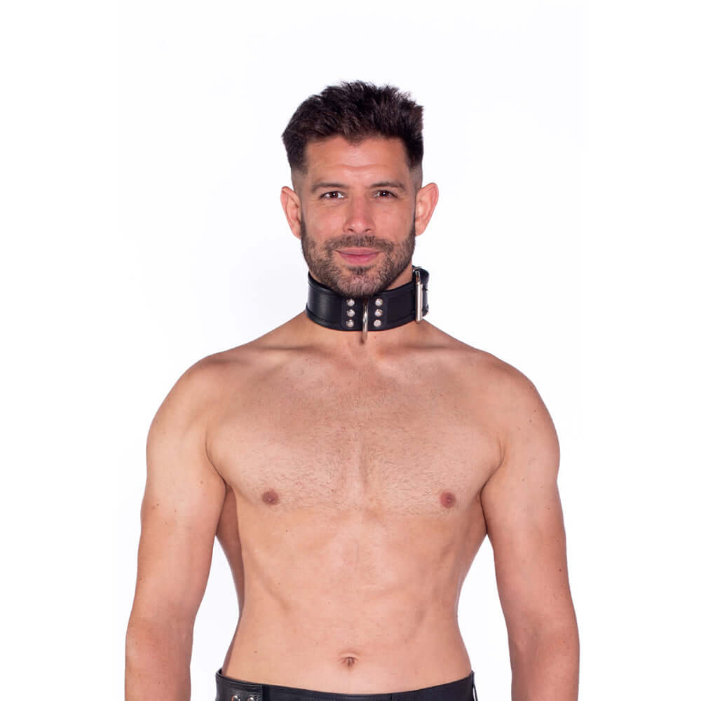 Prowler RED Leather Collar Black S M worn by model showcasing its stylish design and sturdy metal hardware.