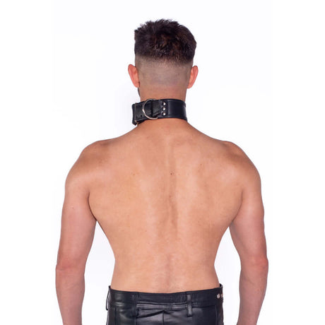 Prowler RED Leather Collar Black S M displayed on a model from the back, showcasing its stylish black leather design.