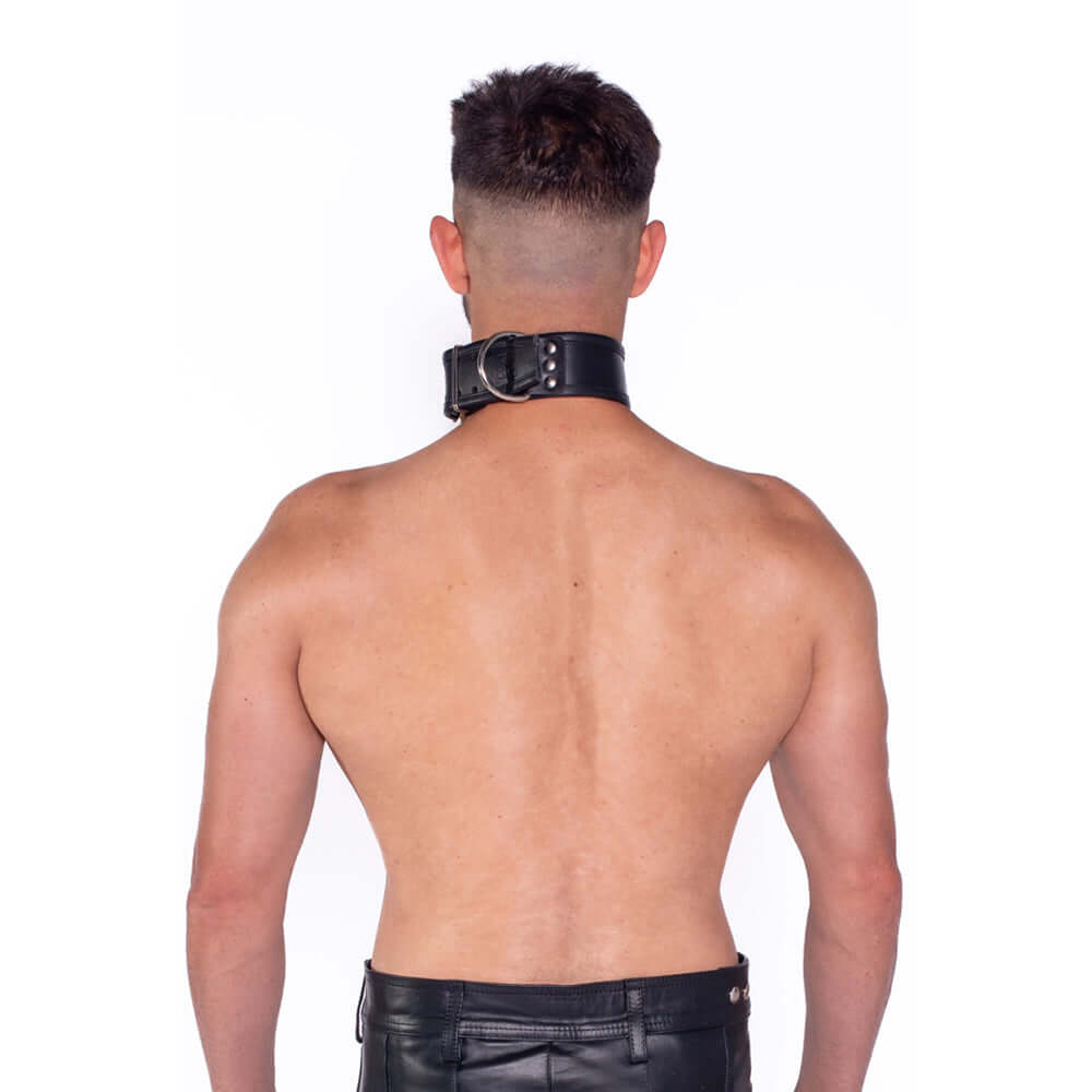 Man showing the back wearing Prowler RED Leather Collar Black L XL, featuring sleek black leather and metal hardware.